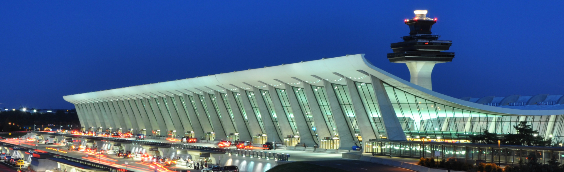 Main Terminal of Washington Dulles International Airport at dusk in Virginia, USA.