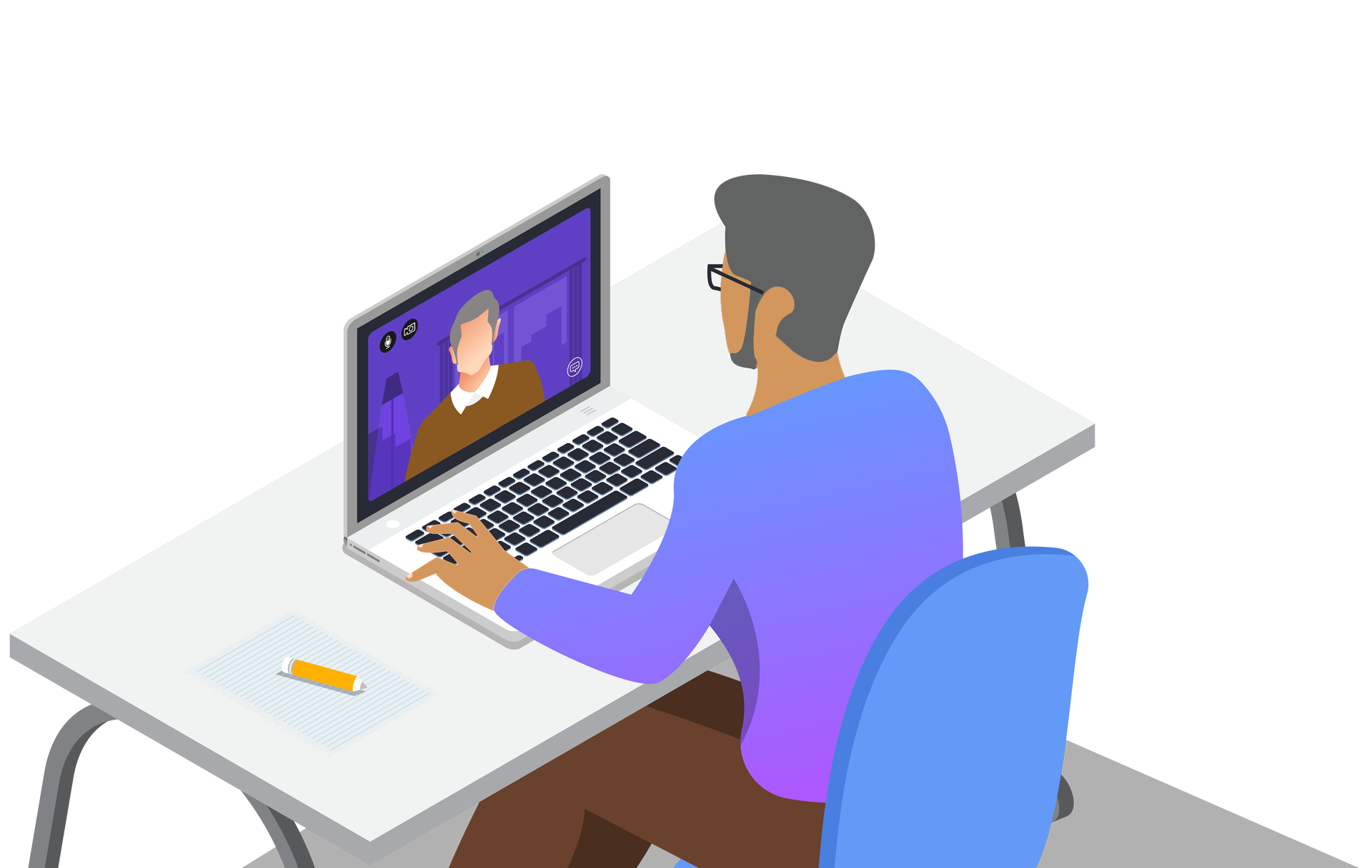 Illustration of man sitting at a computer.