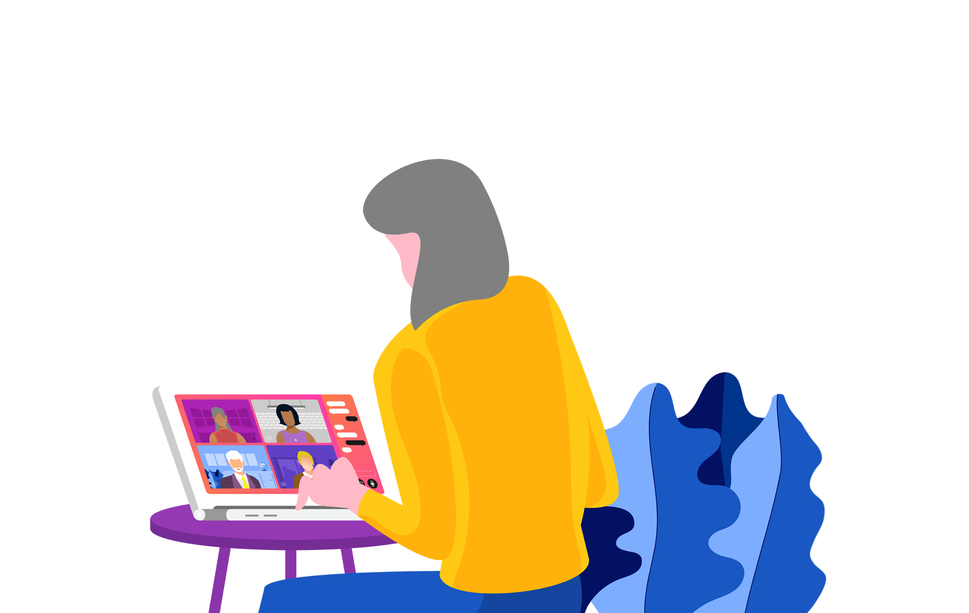 Illustration of woman sitting at a computer.